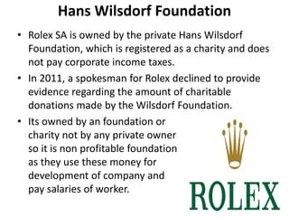 do rolex profits go to charity|hans wilsdorf net worth.